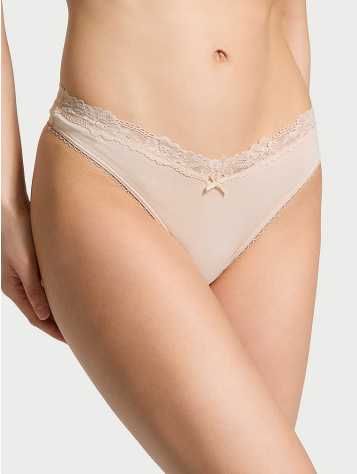 Body By Victoria Stretch Cotton Lace-Waist High-Leg Scoop Thong Panty
