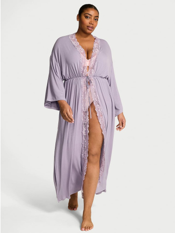Ribbed Modal Lace-Trim Long Robe