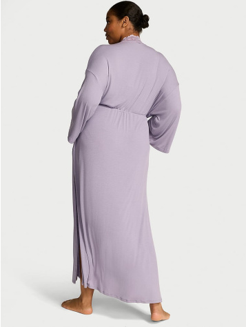 Ribbed Modal Lace-Trim Long Robe